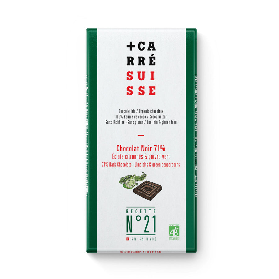 N°21 - Tablette chocolat noir éclats citronnés & poivre vert, bio - 100g
