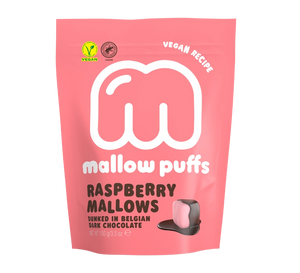 Mallow Puffs, raspberry &amp; dark chocolate vegan marshmallows - 100g
