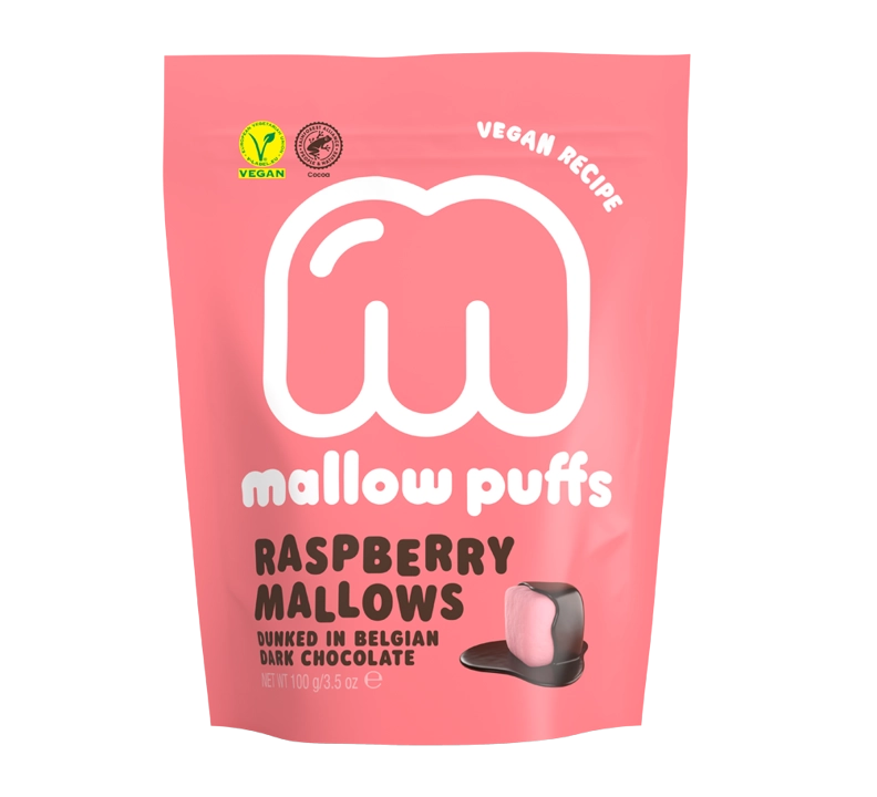 Mallow Puffs, Guimauves vegan framboise & chocolat noir - 100g (ANTI-GASPI DDM 11/23)